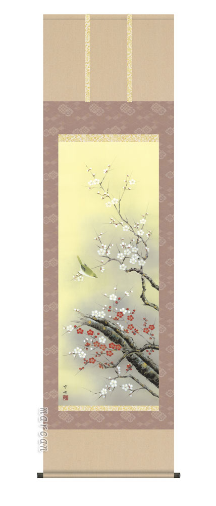 花鳥画 掛軸紅白梅に鶯（田村 竹世）