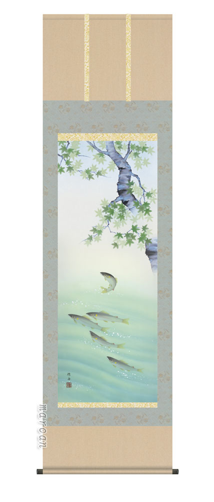 花鳥画 掛軸【四季揃・夏】四季花鳥・楓に鮎（長江 桂舟）