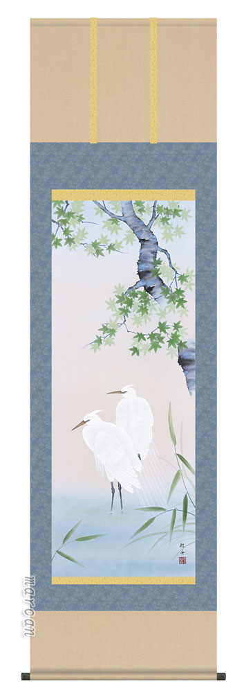 花鳥画 掛軸【四季揃・夏】四季花鳥・楓に白鷺（長江 桂舟）