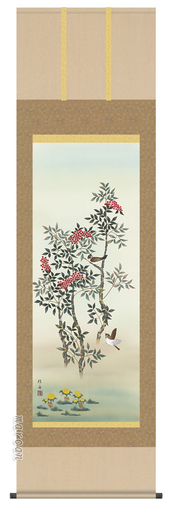 花鳥画 掛軸【四季揃・秋】四季花鳥・南天福寿（長江 桂舟）