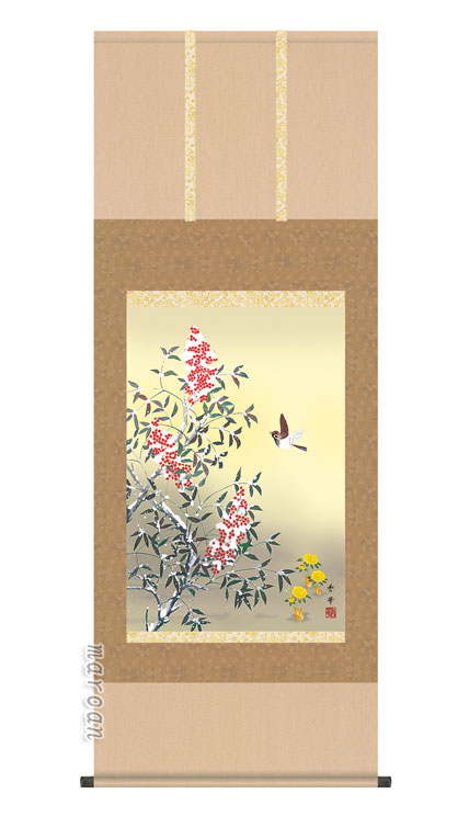 花鳥画 掛軸【冬】雪中南天（野川 秀華）