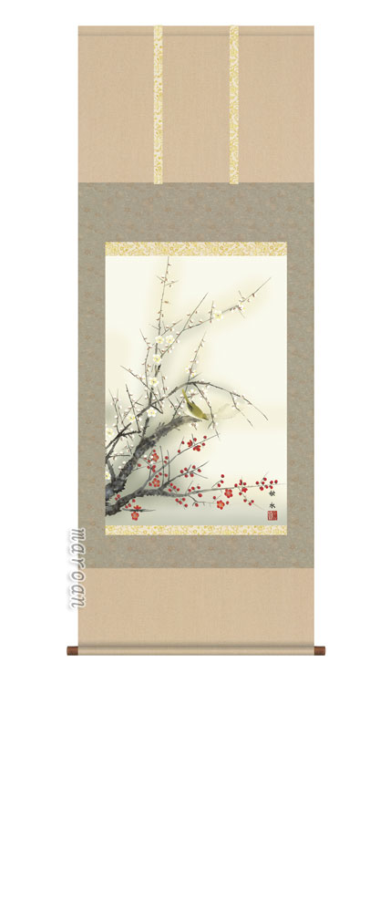 花鳥画 掛軸／かけじく【花鳥画】紅白梅に鶯（浮田 秋水）