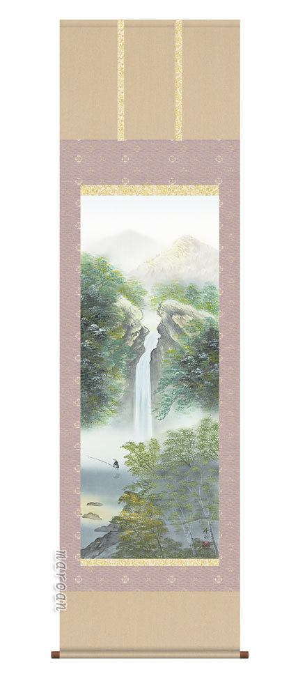 山水画 掛軸【山水/尺五】秀麗名瀧（佐伯 峰水）