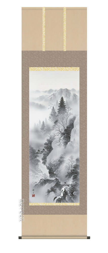 山水画 掛軸／かけじく【山水画】水墨山水（江本 修山）