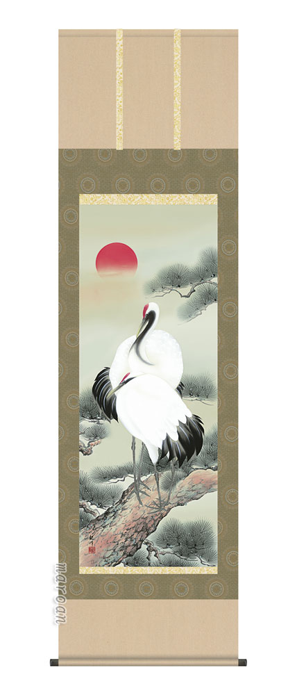 鶴亀 掛軸【鶴亀】松上双鶴（山村 観峰）