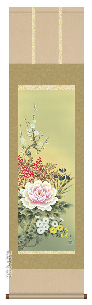花鳥画 掛け軸 掛軸 花鳥画 尺三164cm四季花（根本 孝逸）送料無料 代引き手数料無料 商品画像