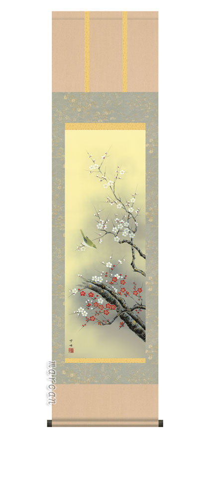 花鳥画 掛け軸 掛軸 春紅白梅に鶯（田村 竹世）【尺三】 商品画像
