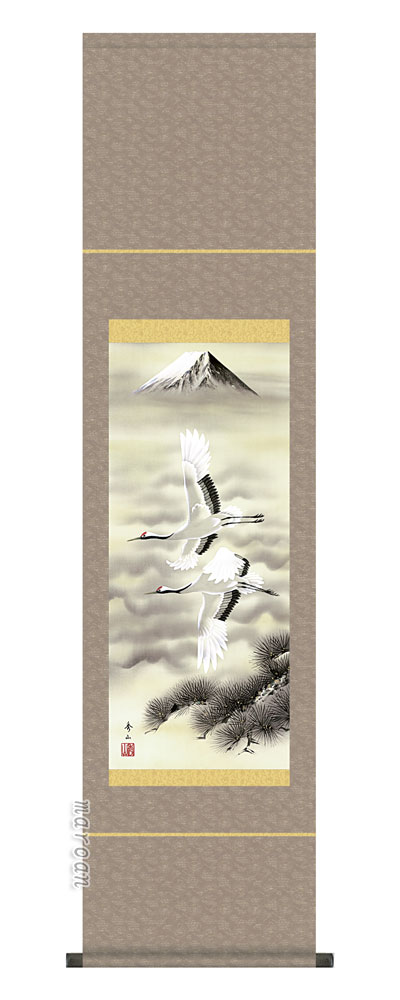 鶴亀 掛け軸(掛軸)【尺幅立】富岳飛翔（鈴村 秀山）